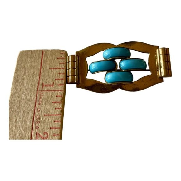 1930s Art Nouveau Gold Tone Geometric Pattern Metal with Turquoise Glass - Picture 4 of 8